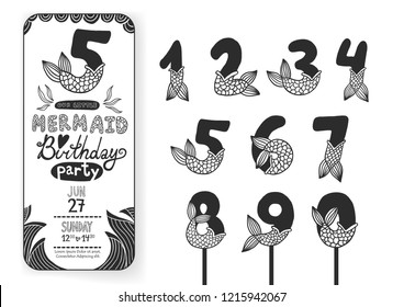 Numbers With Mermaid Tail Vector Set. Beautiful element for Mermaid Birthday Party design, invitation, greeting card and cake toppers.