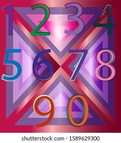 Numbers in multi color with glowing edges against a bright background with overlapping geometric shapes.