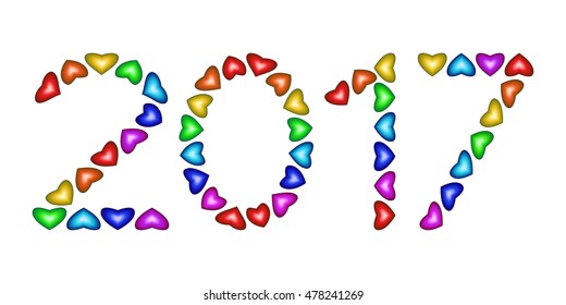 Numbers of New Year 2017 made from multicolored hearts isolated on white background. Rainbow greeting card. Happy holidays colorful design for banners, posters, flyers, calendar, invitation, brochure.