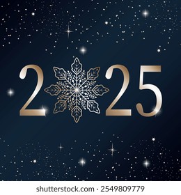 Números del nuevo año 2025. Anuncio de Vector con hermoso copo de nieve dorado en combinación de números de año nuevo 2025 sobre fondo azul con decoración dorada.