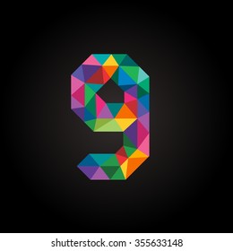 Numbers nine (9) in modern polygonal crystal style. Vector illustration colorful bright design. Formed by triangles. For party poster, greeting card, banner & invitation. Cute numerical icons & signs.