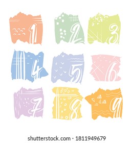 Numbers, numbering in sketch style with Doodle elements and abstract backgrounds. Infographics on a white background