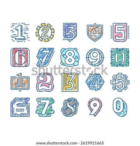 Numbers Numeral Title Collection doodle icons set vector. One Two Three Four Five Six Seven Eight Nine Zero Numbers Different Style, Numerical sketch hand drawn