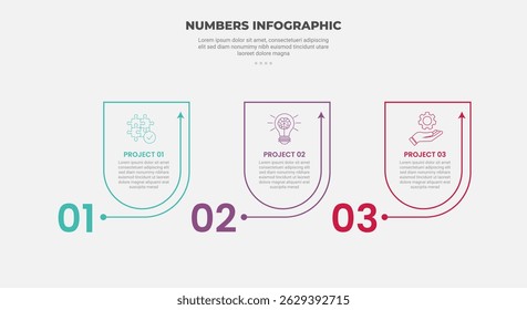 numbers or numerical infographic outline style with 3 point template with creative round rectangle box with circular arrow line for slide presentation vector