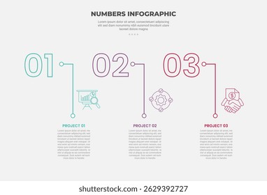 numbers or numerical infographic outline style with 3 point template with dot line pointer vertical direction for slide presentation vector