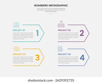 numbers or numerical infographic outline style with 4 point template with open arrow box container for slide presentation vector