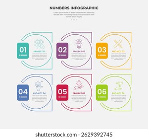 numbers or numerical infographic outline style with 6 point template with creative circle and square combination with round square badge for slide presentation vector