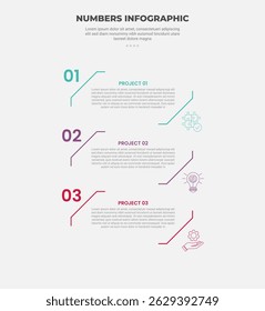 numbers or numerical infographic outline style with 3 point template with open line container on corner stacked list side for slide presentation vector