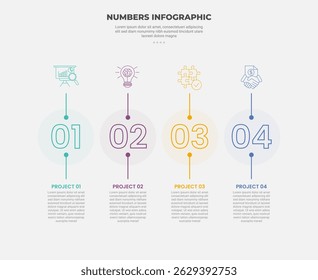 numbers or numerical infographic outline style with 4 point template with outline number on transparent circle with dot line pointer for slide presentation vector