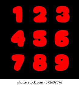 Numbers on black. Big fat signs. Isolated on black. One two three four five six seven right nine. Red bold numbers. Big numbers. Round lettering. Big fat numbers. Bold round lettering isolated red