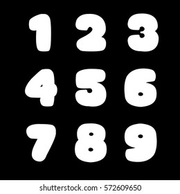Numbers on black. Big fat signs. Isolated on black. One two three four five six seven right nine. Black bold numbers. Big numbers. Round lettering. Big fat numbers. Bold round lettering isolated white