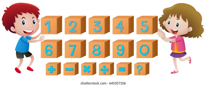 Numbers on cubes and happy kids in background illustration