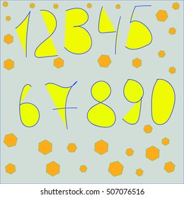 The numbers on gray background. The unusual design of the numbers drawn by hand. Numbers geometric shapes in the background.
