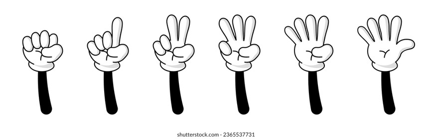 Numbers on retro cartoon fingers. Counting with hands wearing white gloves. Vector