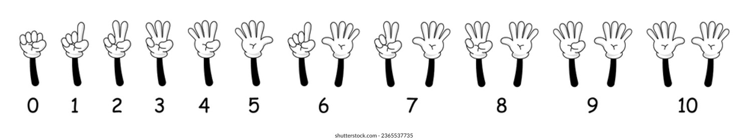 Numbers on retro cartoon fingers. Counting with hands wearing white gloves. Numbers from 1 to 10. Vector