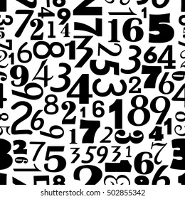 Numbers on seamless monochrome background. Different digits in different sizes and font. Digital wallpaper.