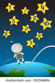 Numbers on stars and astronaunt flying illustration