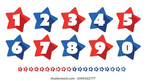 Numbers on stars, long shadow on blue, white and red colors