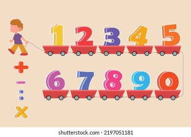 Numbers on the toys. Happy kid boy learning number. Counting concept. Vector illustration.