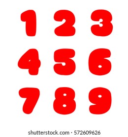 Numbers on white. Big fat signs. Isolated on white. One two three four five six seven right nine. red bold numbers. Big numbers. Round lettering. Big fat numbers. Bold round lettering isolated red