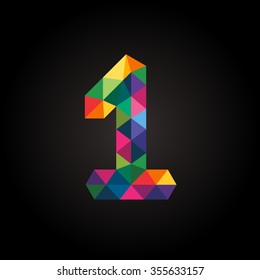 Numbers one (1) in modern polygonal crystal style. Vector illustration colorful bright design. Formed by triangles. For party poster, greeting card, banner & invitation. Cute numerical icons & signs.