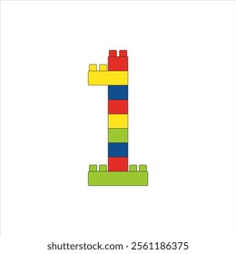 Numbers One 1 from plastic colored blocks on a white background .Vector illustration 