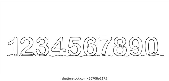 Numbers One Continuous Line Drawing set. Minimalistic Arabic numerals symbols in Simple Linear Style. Vector Illustration. Hand Drawn Monoline. Editable stroke. Isolated on white. 