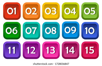 Numbers From One To Fifteen, Square Buttons. Colorful Rainbow Set. Vector Illustration