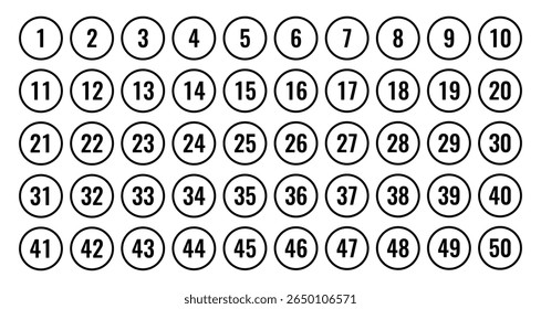 Números de um a cinquenta em formato circular que representam contagem numérica ordem classificação organização indexação estrutura de referência planejamento matemática sistema de lista de educação
