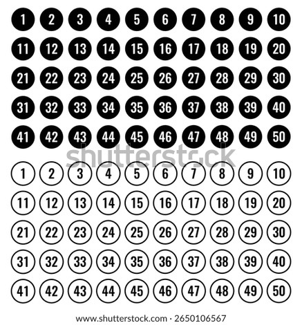 Numbers one to fifty in circular format representing counting numeric order labeling organization indexing reference structure planning mathematics education list system