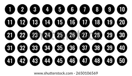 Numbers one to fifty in circular format representing counting numeric order labeling organization indexing reference structure planning mathematics education list system