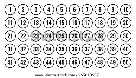 Numbers one to fifty in circular format representing counting numeric order labeling organization indexing reference structure planning mathematics education list system