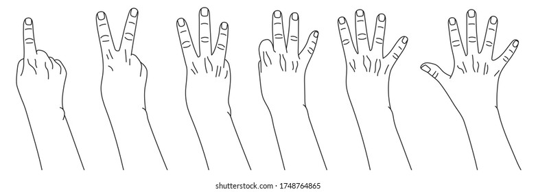 Numbers from one to five, hand gestures. Concept of finger counting in sign language. Vector illustration in outline style isolated on white background. 