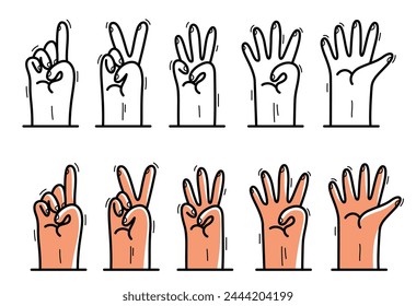 Numbers for one to five hand signs gestures set flat style cartoon icons vector isolated on white.