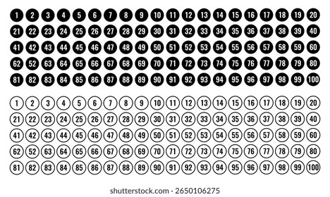 Números de 1 a 100 em formato circular representando a contagem de sequenciação rotulando indexação organização referência matemática educação lista sistema de ordem numérica