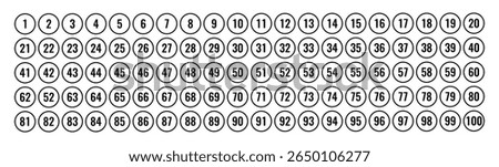 Numbers one to one hundred in circular format representing counting sequencing labeling indexing organization reference mathematics education list numeric order system