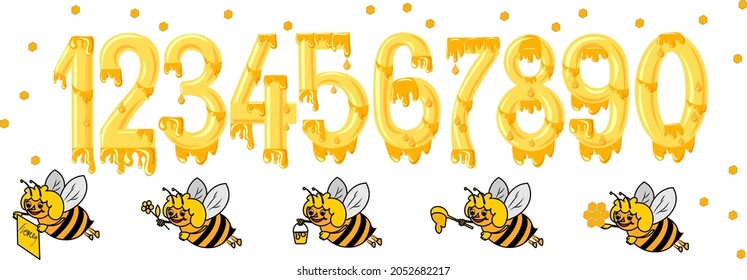 Numbers from one to ten streamlined with honey Seth in numbers and a cute cartoon bee with a bucket of honey with a spoonful of honey in a flower and with the inscription honey Big vector set isolated