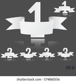 Numbers one, two and three background with white ribbon on gray. Vector illustration