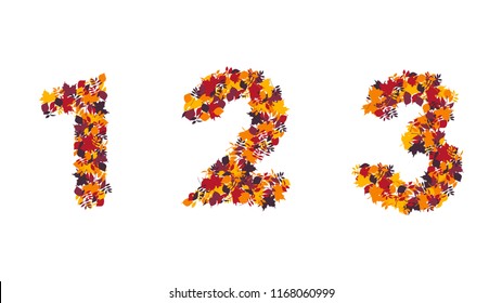 Numbers one, two and three from fallen leaves. Autumn vector illustration isolated on white background. Part 1.