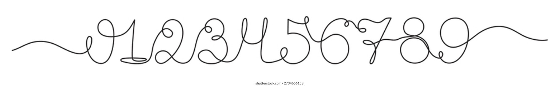 Numbers one two three four five six seven eight nine zero one line art, continuous drawing contour outline 1 2 3 4 5 6 7 8 9 0. Mathematical counting concept Editable stroke. Isolated. Vector