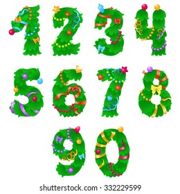 Numbers from one to zero like Christmas tree with ribbons and garlands / Numbers from one to zero in holiday style on white background
