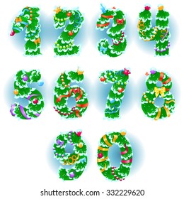 Numbers from one to zero like Christmas tree with snow and ribbons / Numbers from one to zero in holiday style on white and blue background
