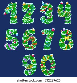 Numbers from one to zero like Christmas tree with snow and ribbons / Numbers from one to zero in holiday style on navy background
