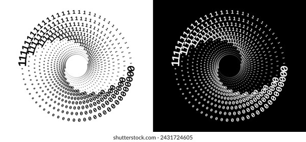 Números uno y cero en espiral. Concepto, logotipo o icono de Big Data. Forma negra sobre fondo blanco y la misma forma blanca en el lado negro.