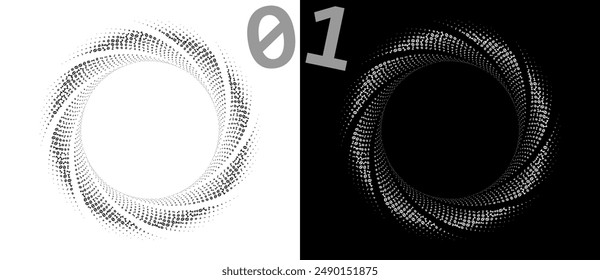 Numbers ONE and ZERO in a spiral. Big data or chaos concept, logo or icon. Black shape on a white background and the same white shape on the black side.