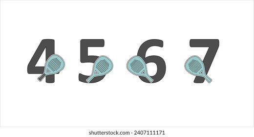 Numbers padel in a set 4 5 6 7 with the racket on the side