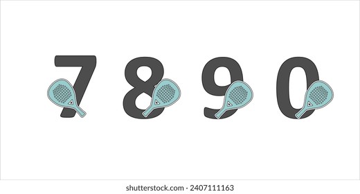 Numbers padel in a set 7 8 9 0 with the racket on the side