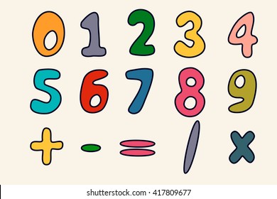 Números particionados en estilo cómico dibujado a mano aislados en fondo blanco. Conjunto de números de cero a nueve con signos matemáticos