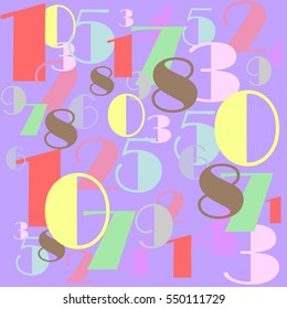 Numbers with pastel colors in a mixed order design illustration red yellow purple violet green brown