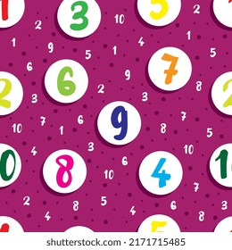 Numbers pattern, Colorful abstract, numerical doodle, on purple background, seamless vector illustration, creative